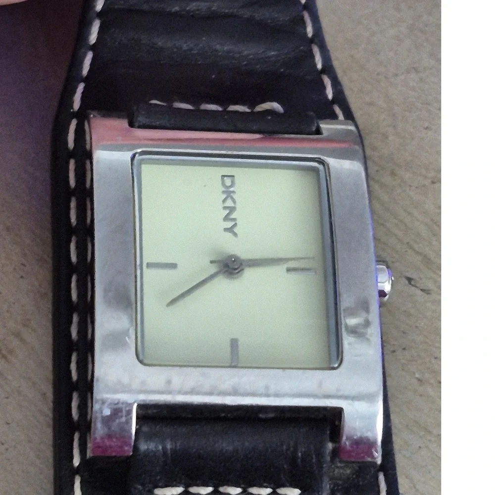 DKNY Cuff Watch Women OS Black Silver Leather Band Square Face Analog Trendy